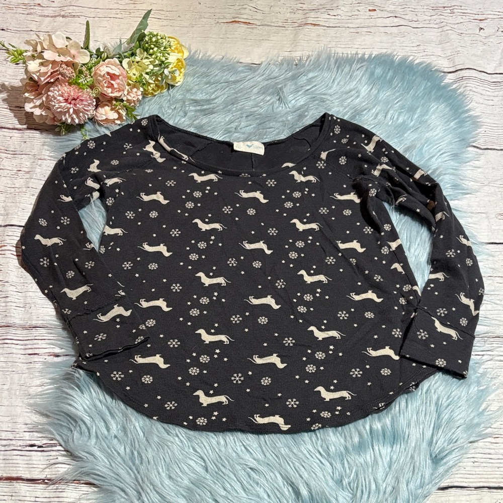 Stem Grey Cream Dachshund Graphic Long Sleeve Pajama Top sz XS